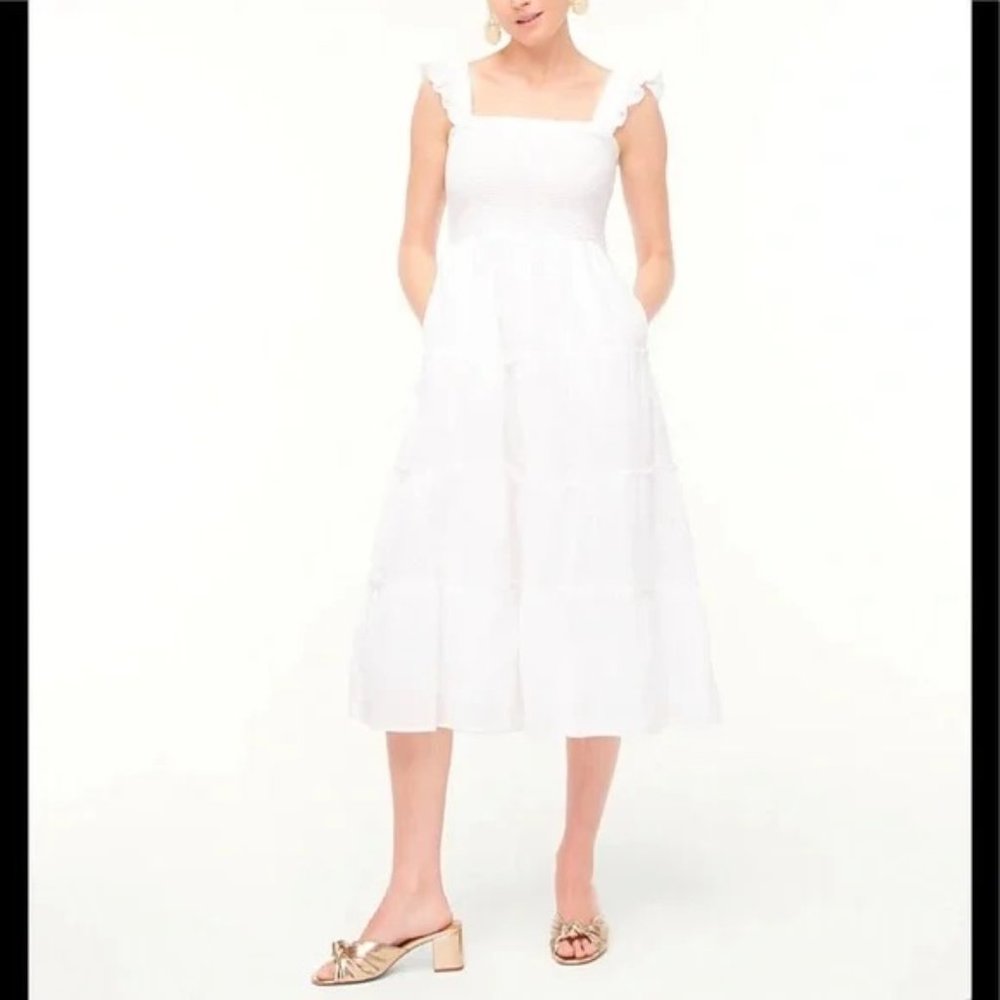 J. Crew Smocked Tiered Midi Dresses - White
